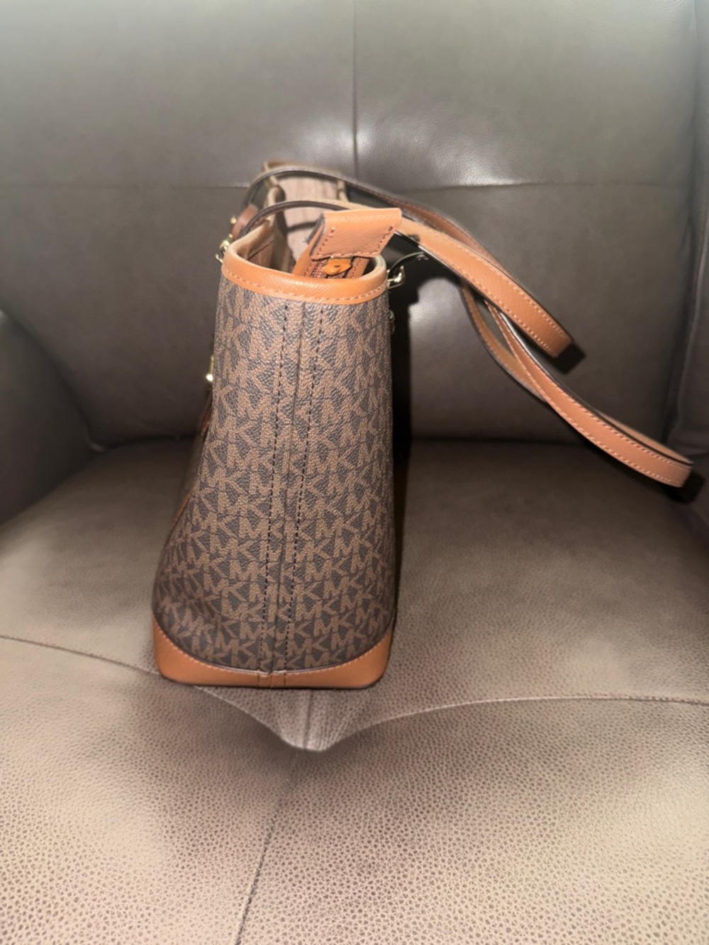Michael Kors Brown Logo-Print Tote with Tan Leather Trim - Picture 3 of 11